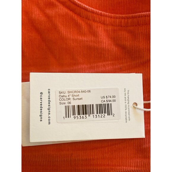 NWT $74 Carve Designs Oahu 4" Shorts Women's 6* Organic Cotton Orange Stretch - Picture 8 of 13